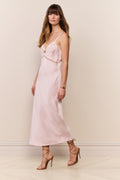Blush satin midi dress with embroidered lace camisole-style overlay and thin straps