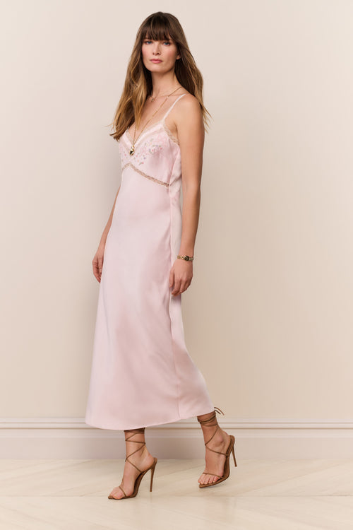 Blush satin midi dress with embroidered lace camisole-style overlay and thin straps