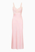 Blush pink satin midi dress with thin straps and embroidered bodice overlay