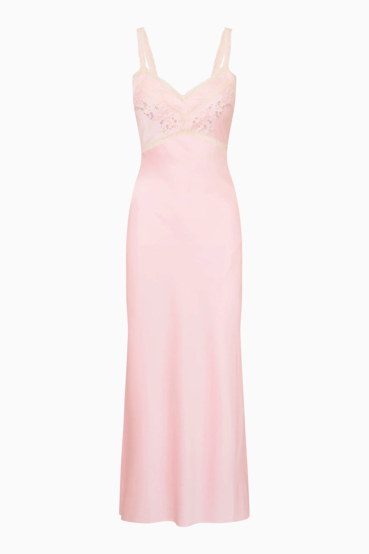 Blush pink satin midi dress with thin straps and embroidered bodice overlay