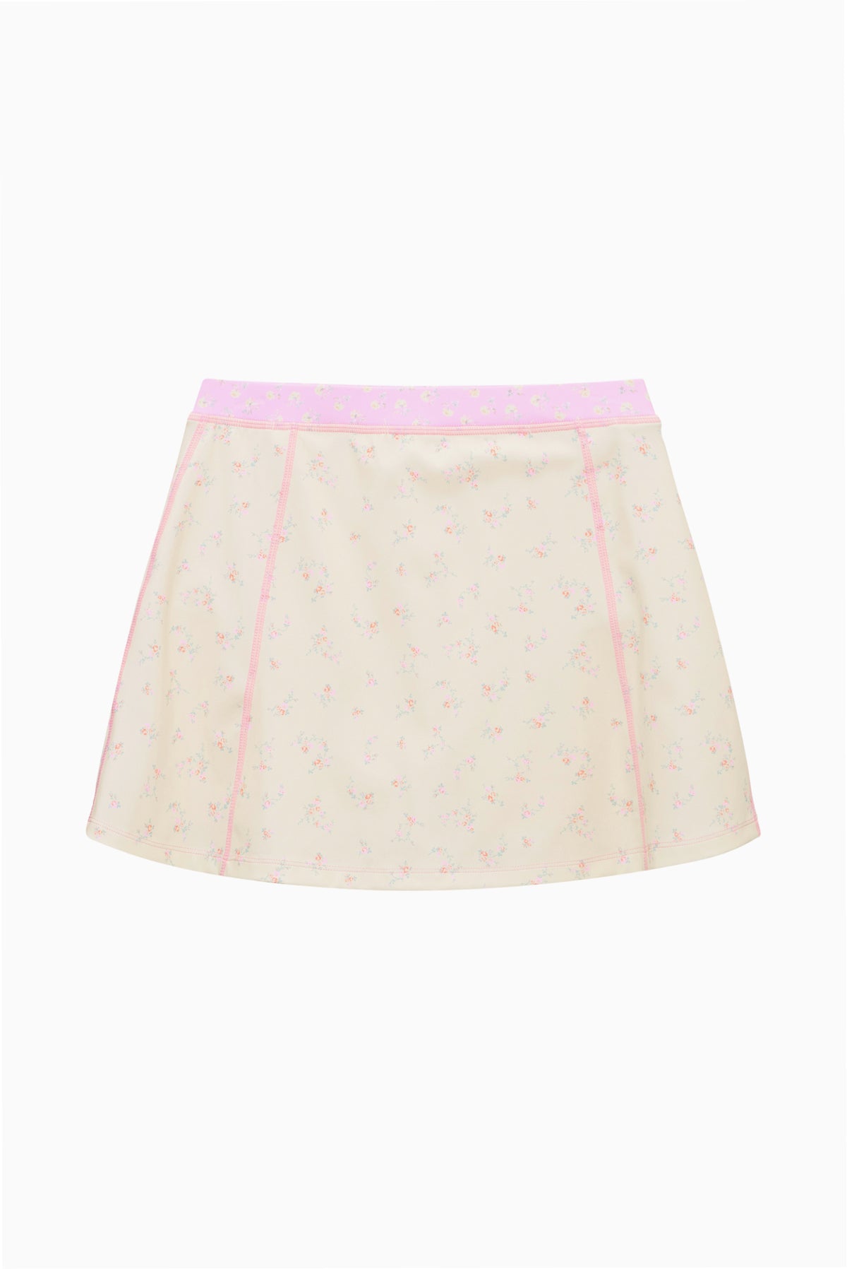 Active skort with pale print and pink trim; pleated A-line look