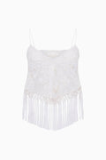 Ivory lace crop top with spaghetti straps and V-neck, white fringe hem