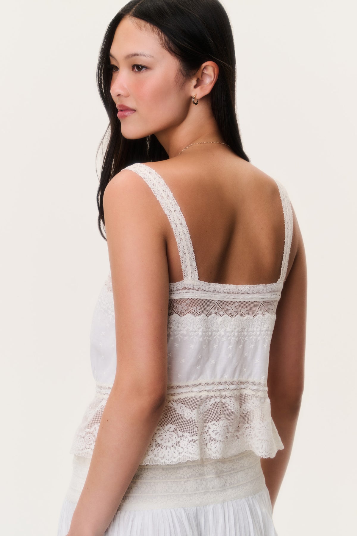 Ivory cotton lace camisole top with lace back panel and thin shoulder straps