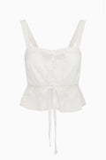 Ivory cotton lace camisole top with square neckline and ribbon tie hem
