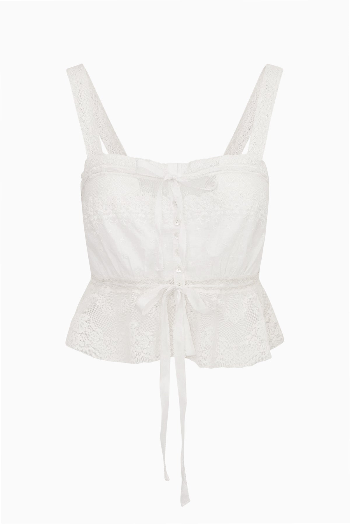 Ivory cotton lace camisole top with square neckline and ribbon tie hem