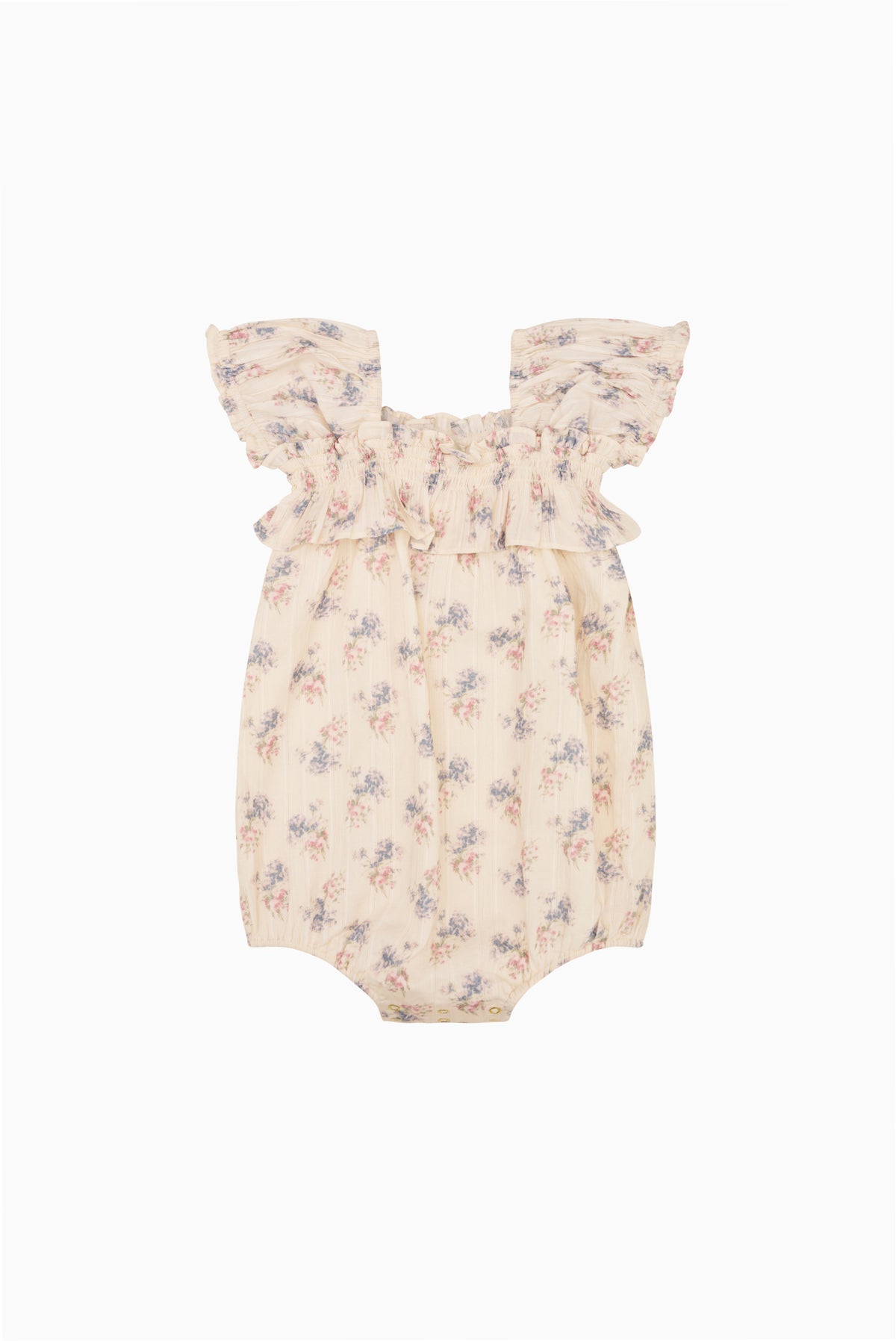 Baby cotton pinafore in light cream with small floral print and flutter sleeves