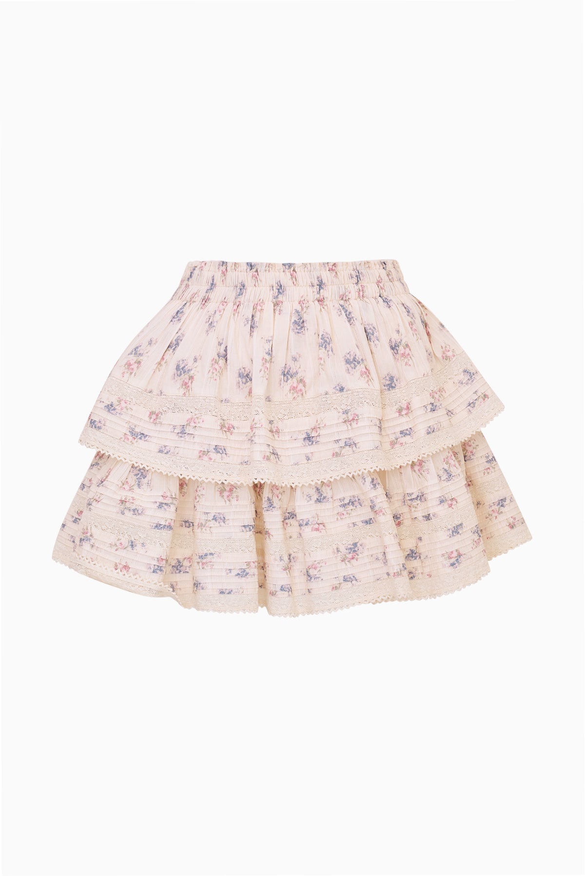 Floral ruffle mini skirt, cream base, layered tiered look with lace edging