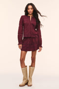 Cotton Swiss dot mini skirt in faded merlot, lace-trim tiers and gathered waist