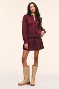 Faded merlot cotton Swiss dot mini skirt with lace-trim tiers