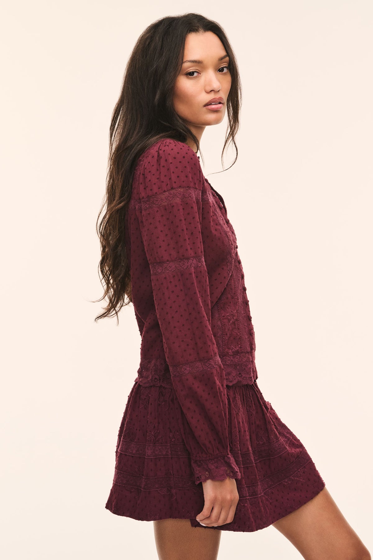 Faded merlot cotton Swiss dot mini skirt with tiered ruffle silhouette
