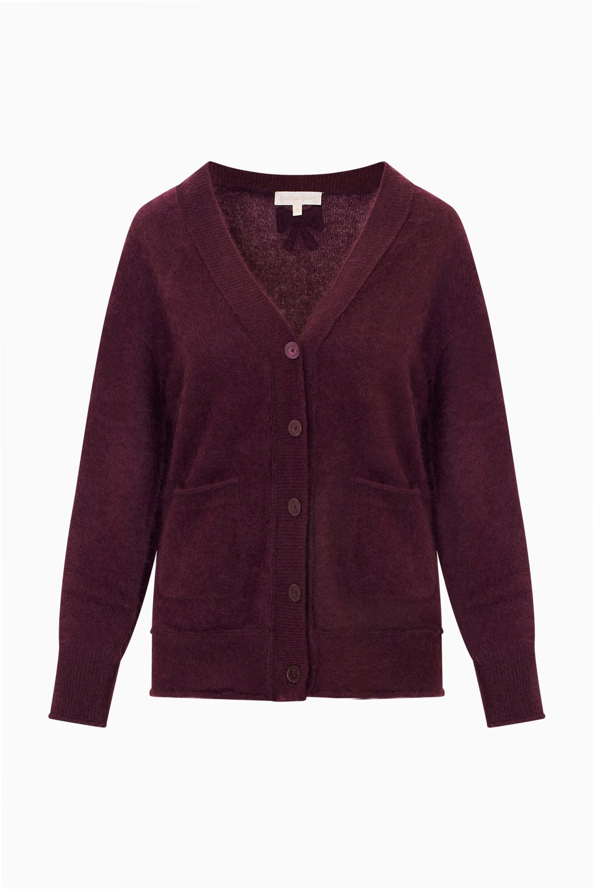 Merlot button-front cardigan with V-neck, long sleeves, and two patch pockets