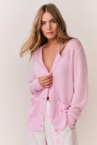 Pink cashmere cardigan with deep V neckline and button front
