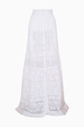 White cotton Victorian maxi skirt with tiered hem and embroidered panel details
