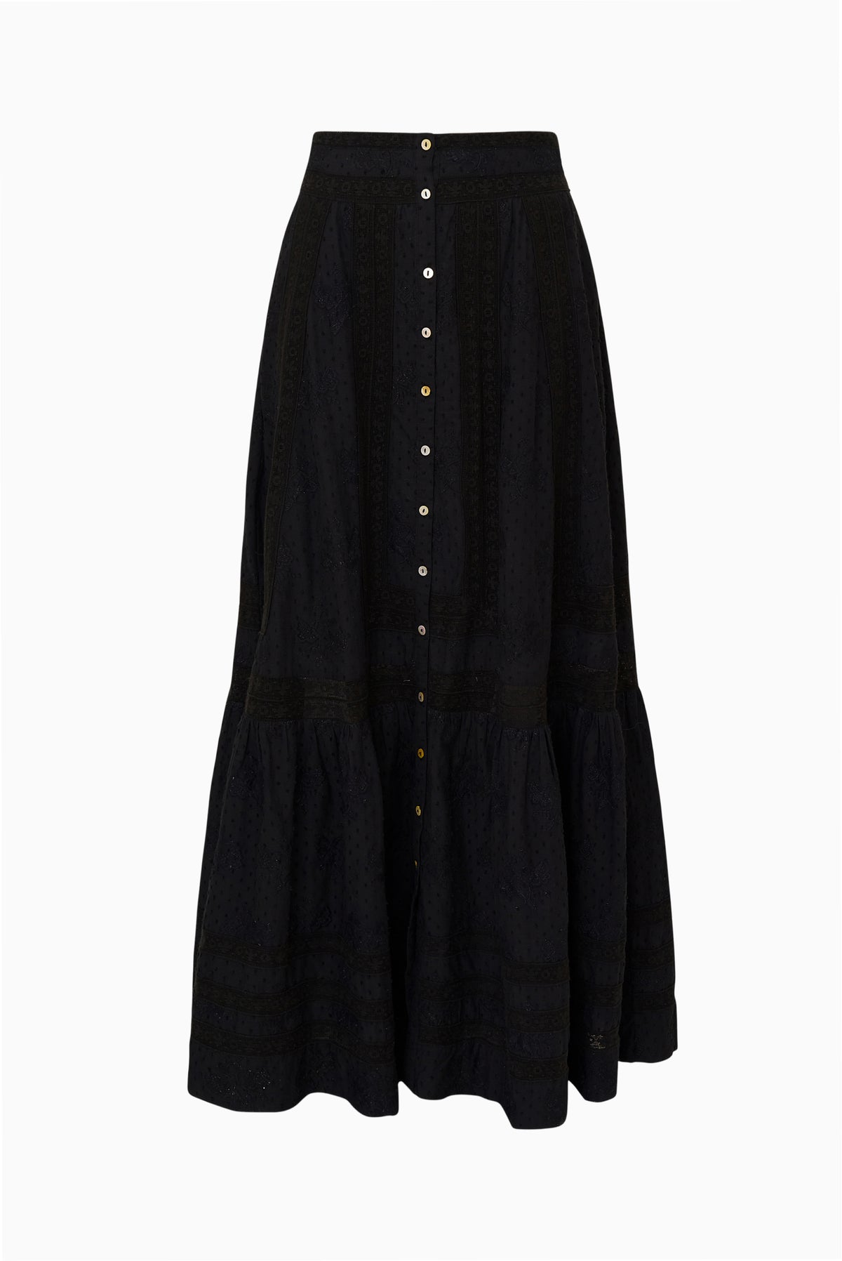 Black cotton maxi skirt with front buttons and tiered flounce hem