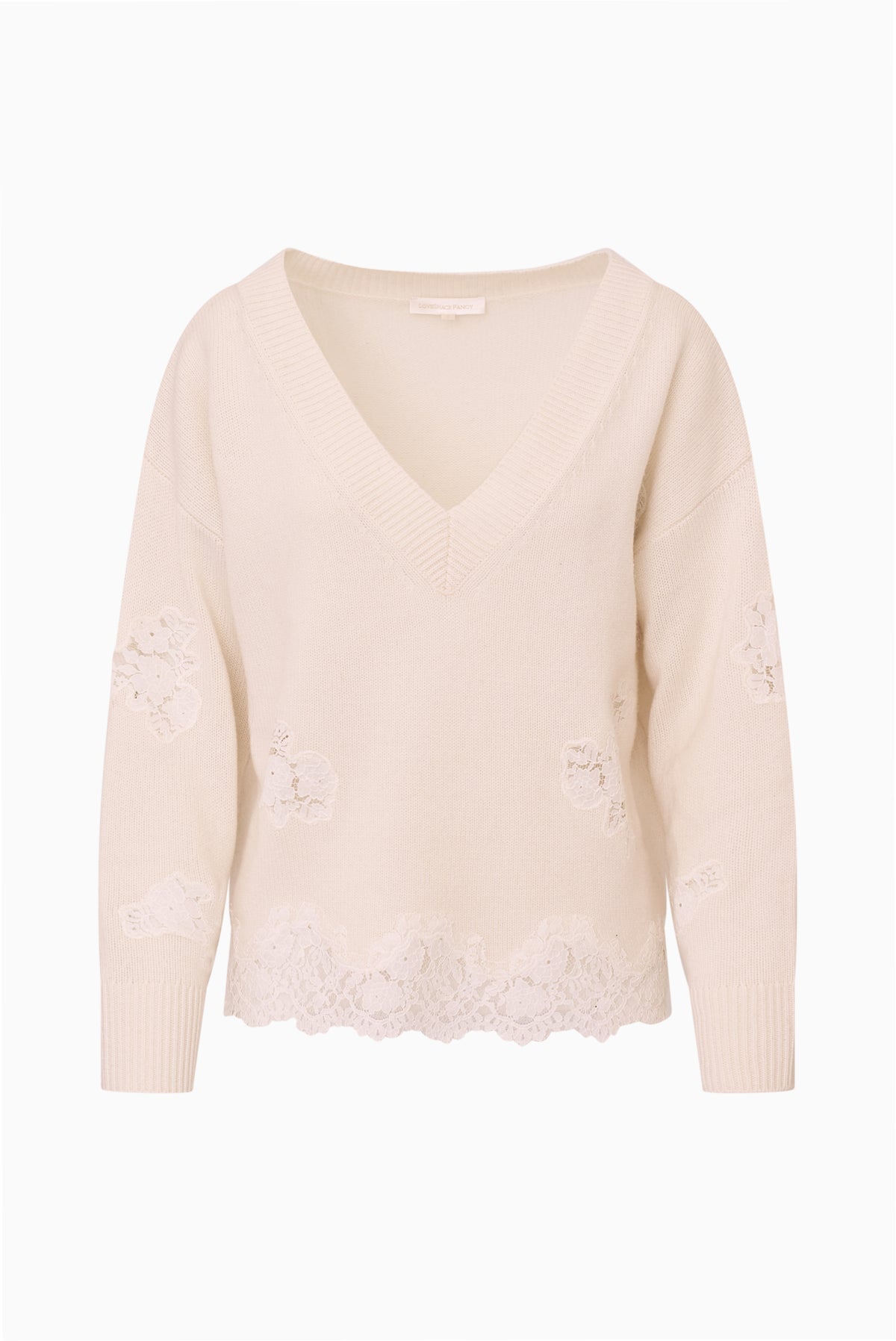 Ardena wool sweater with lace, ivory V-neck knit with long sleeves and scalloped hem