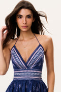 Midnight blue cotton mini dress with bandana print V-neck bodice and spaghetti straps