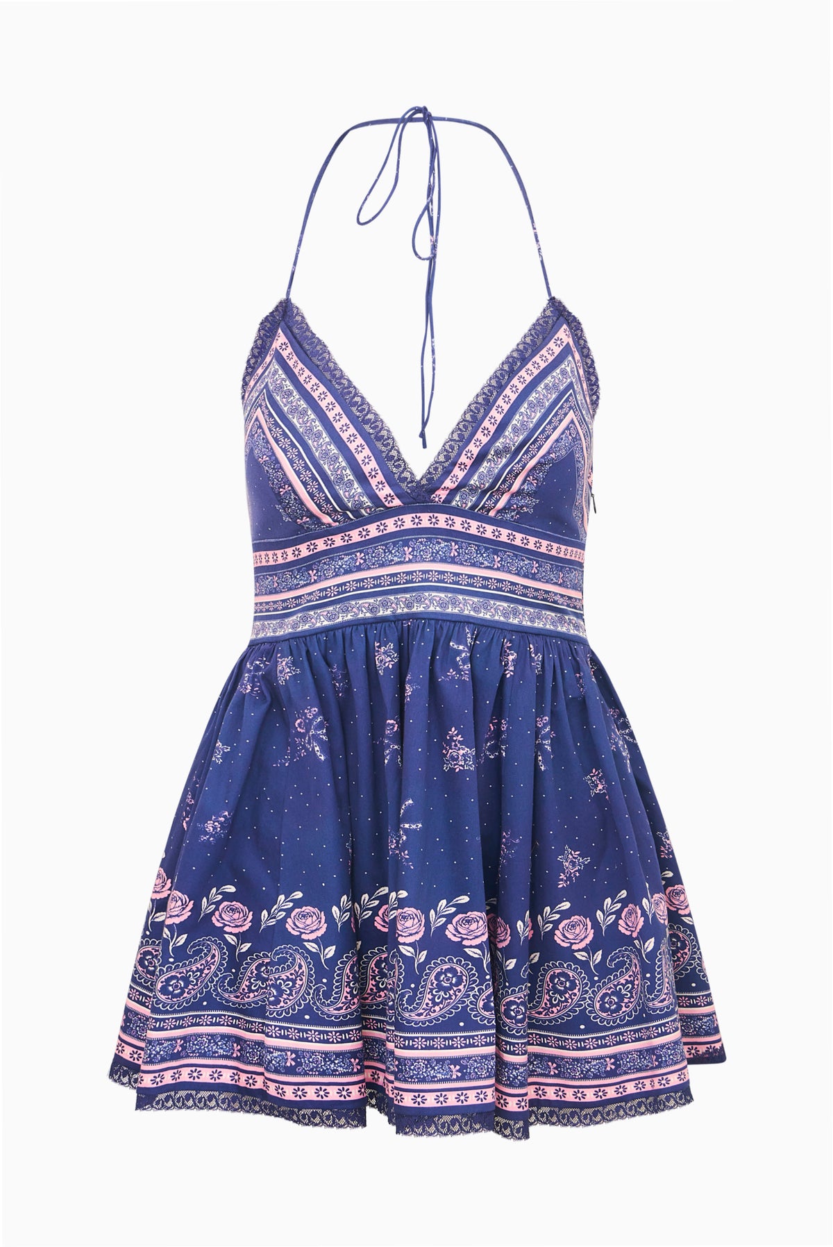 Midnight blue cotton mini dress on hanger, V-neck halter and bandana print skirt