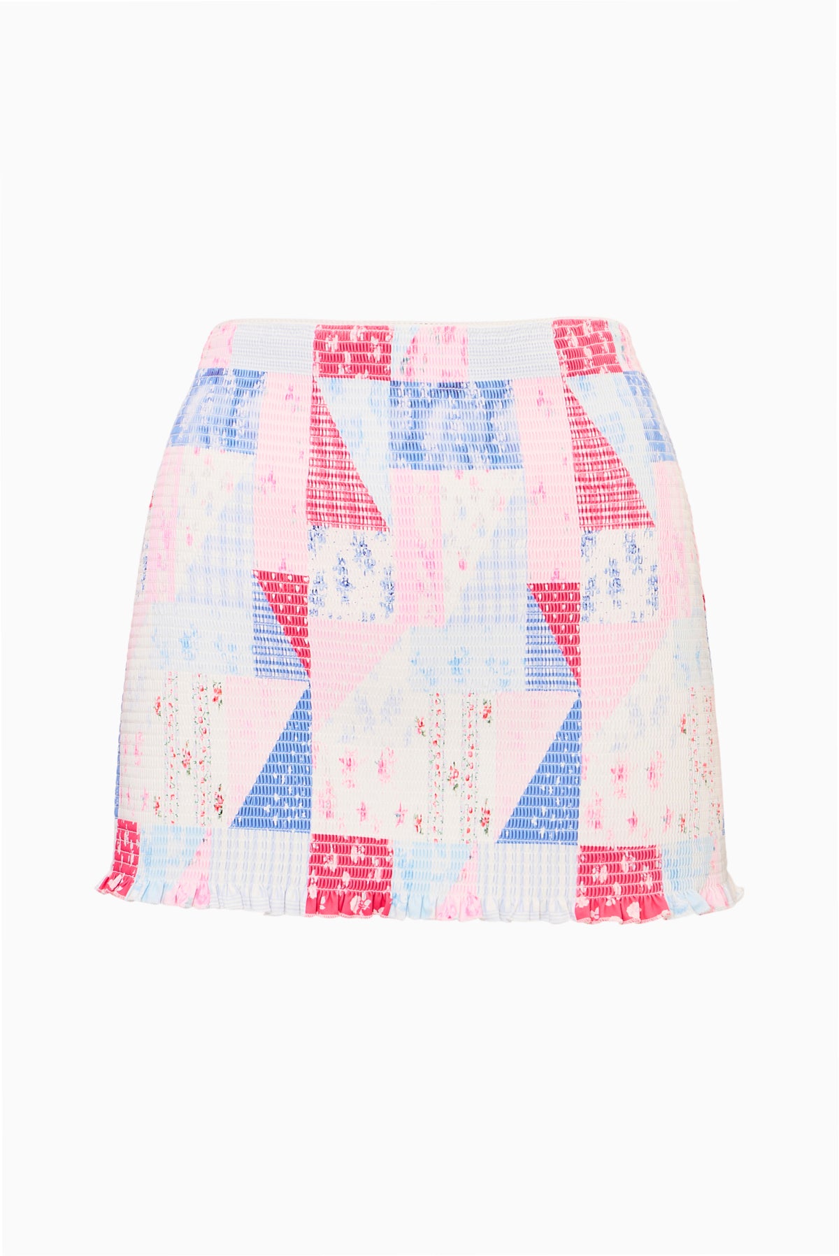 Patchwork print swim skirt, flared A-line shape with ruffle hem