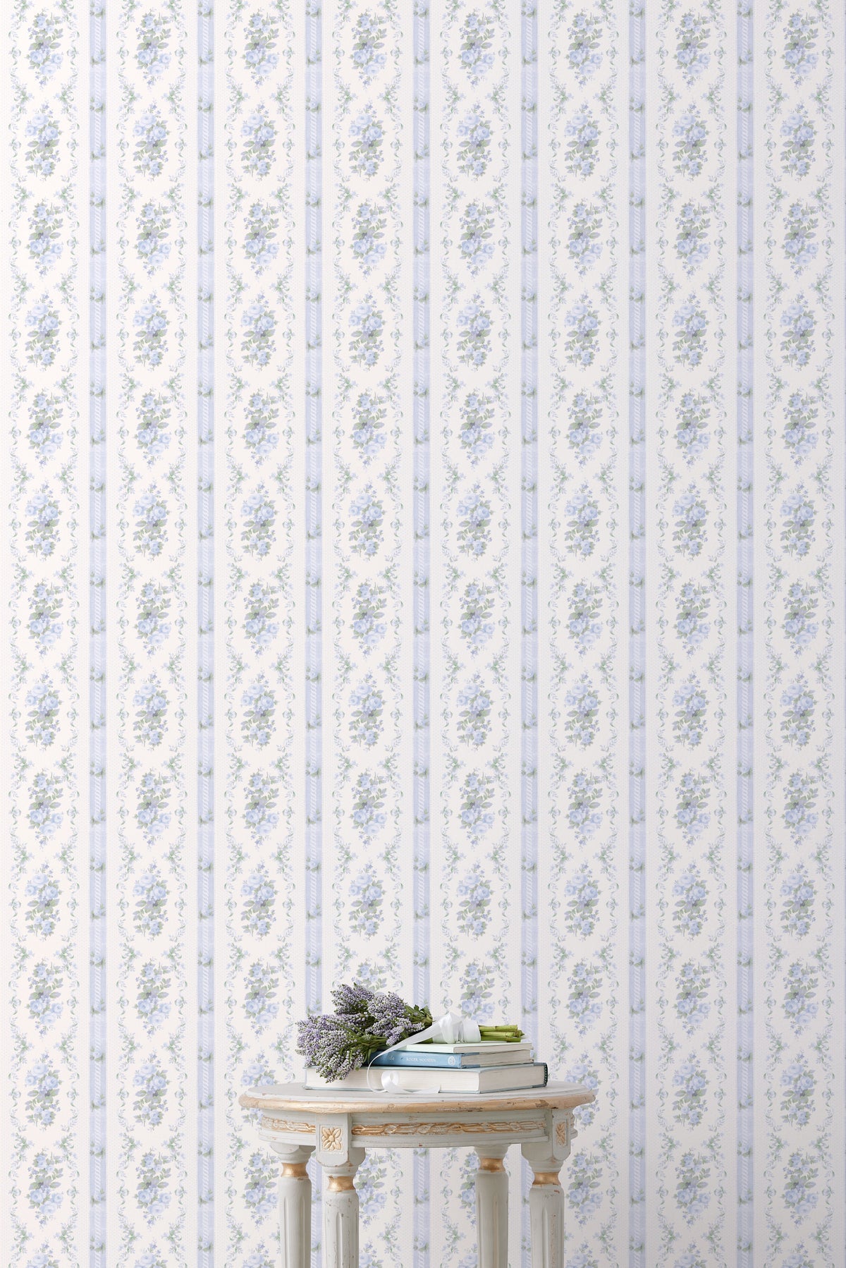 Light blue floral patterned standard wallpaper with vertical stripe design