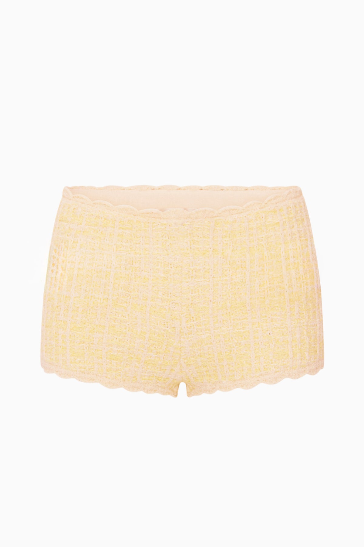 Light yellow knit tweed mini shorts, scalloped lace-trim hem