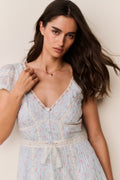 Floral cotton midi dress close-up: V-neckline, button front, and puff sleeves