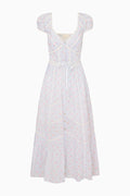 Light blue floral cotton midi dress with puff sleeves, V-neck, and button front