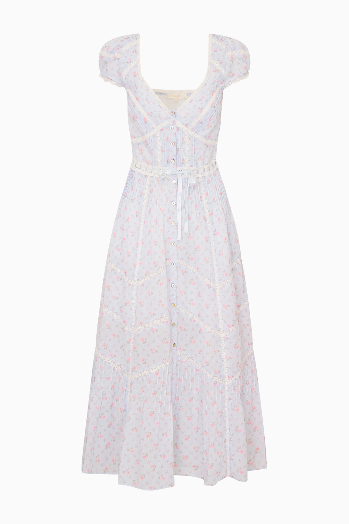 Light blue floral cotton midi dress with puff sleeves, V-neck, and button front