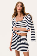 Navy and white striped stretch knit mini skirt with drawstring waist and flared hem