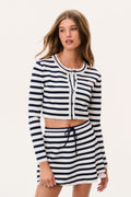Striped stretch knit cardigan in dark navy and white, button-front, long sleeves