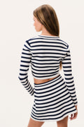 Back view stretch knit mini skirt in navy and white stripes with drawstring waist