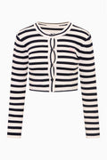 Navy-and-white striped stretch knit cardigan, button-front, long sleeves