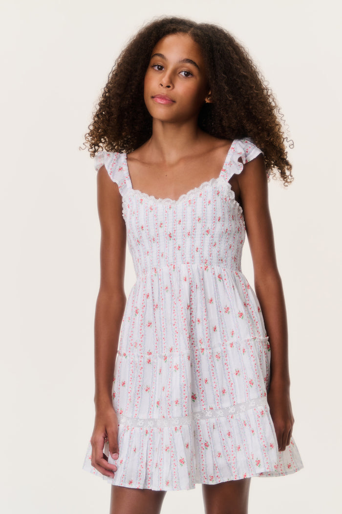 Tween cherry-print striped dress with square neckline and ruffle shoulder sleeves