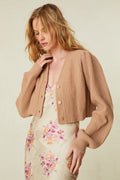 Fawn ribbed cropped V-neck cardigan with button front and long sleeves