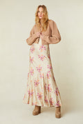 Fawn ribbed cropped V-neck cardigan with button front and long sleeves, full view