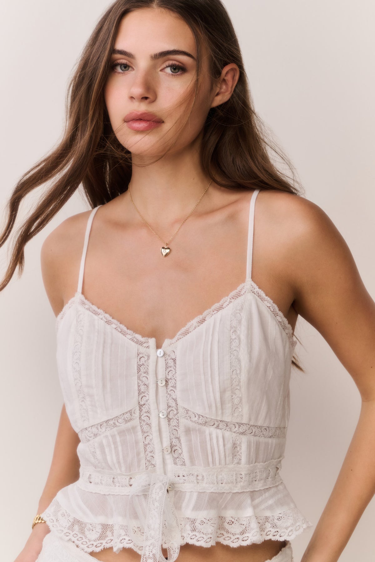 White cotton Victorian top with lace-trimmed sweetheart neckline and front buttons