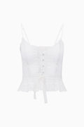 White cotton Victorian top with lace yoke, corset front buttons, spaghetti straps