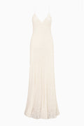 White burnout velvet maxi dress on a hanger, spaghetti straps and V-neck