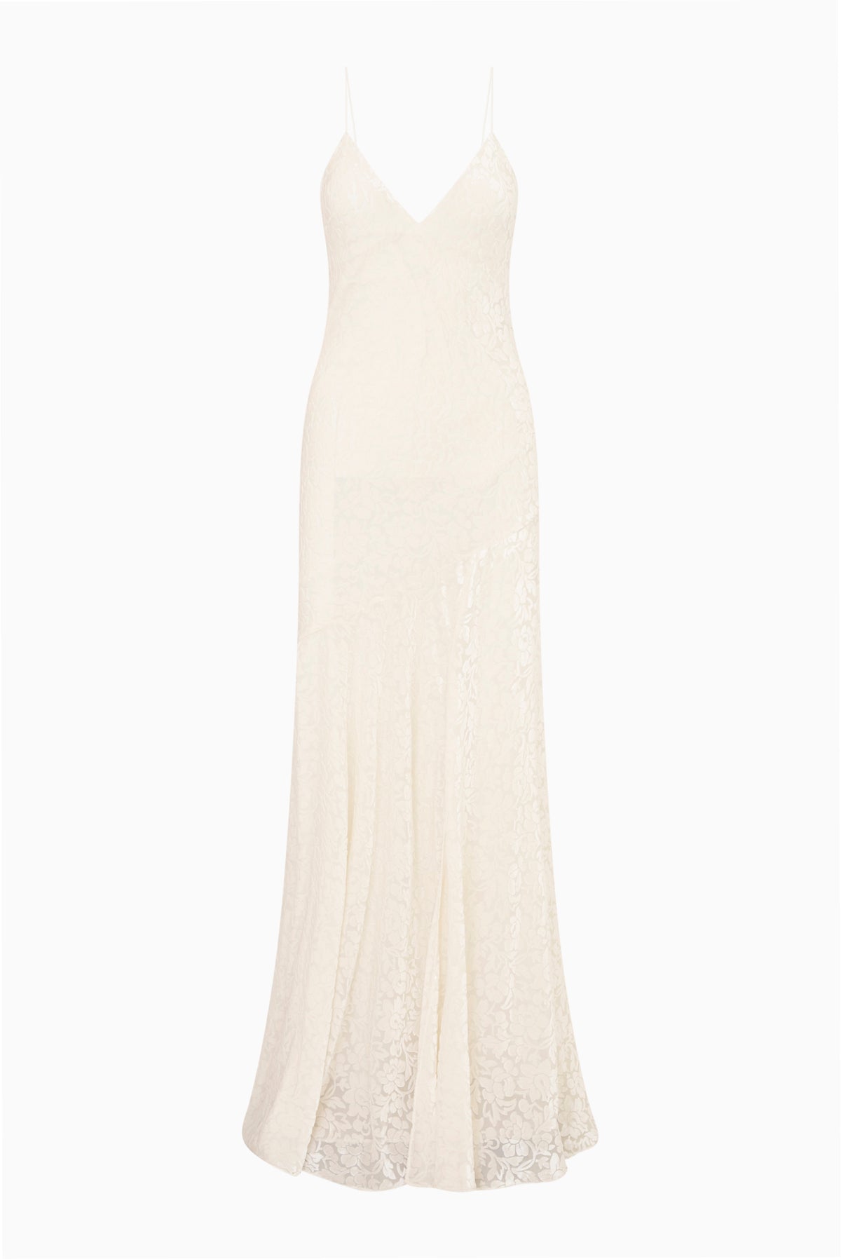 White burnout velvet maxi dress on a hanger, spaghetti straps and V-neck