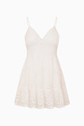 Azar cotton eyelet mini dress in white, V-neck with thin spaghetti straps