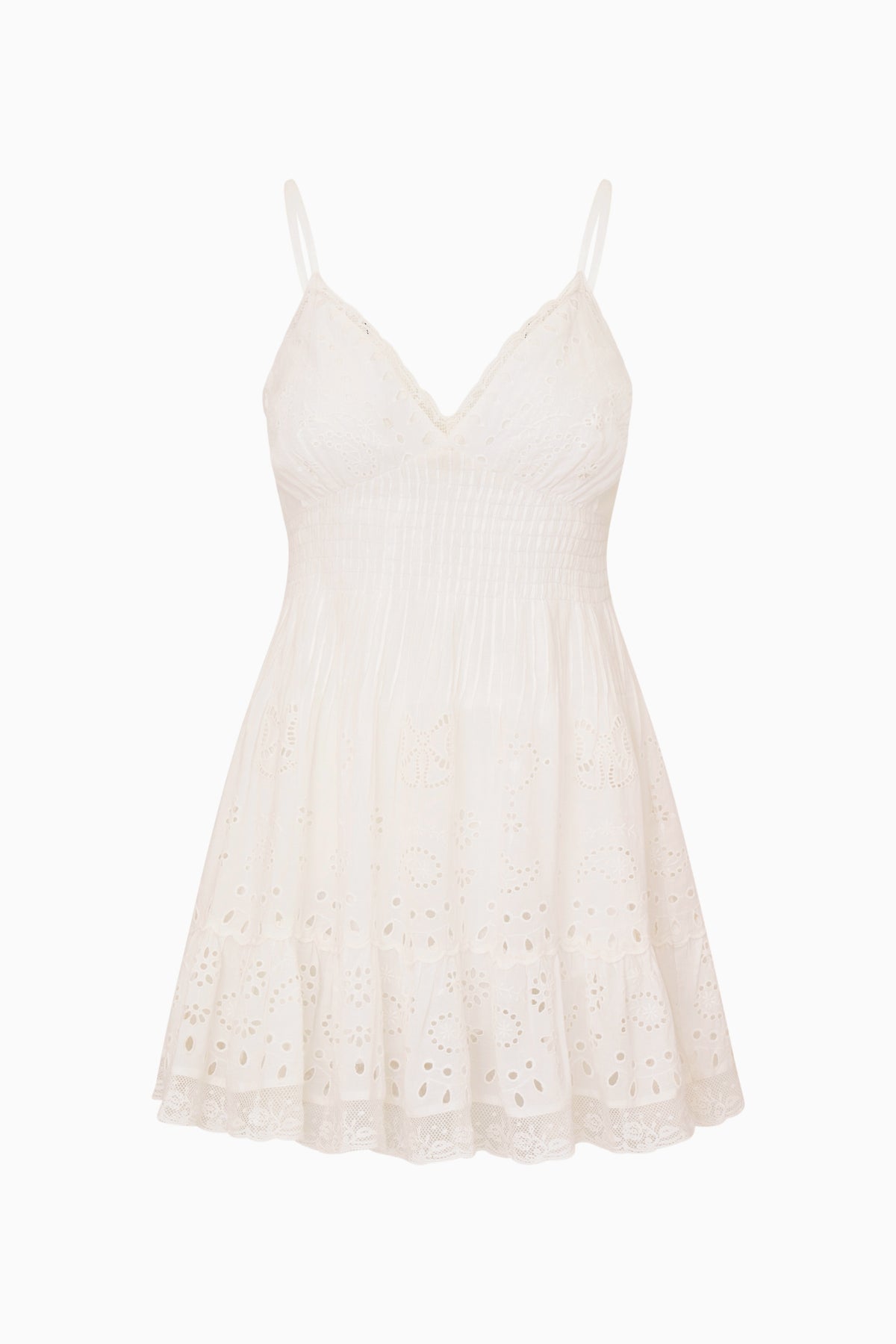 Azar cotton eyelet mini dress in white, V-neck with thin spaghetti straps