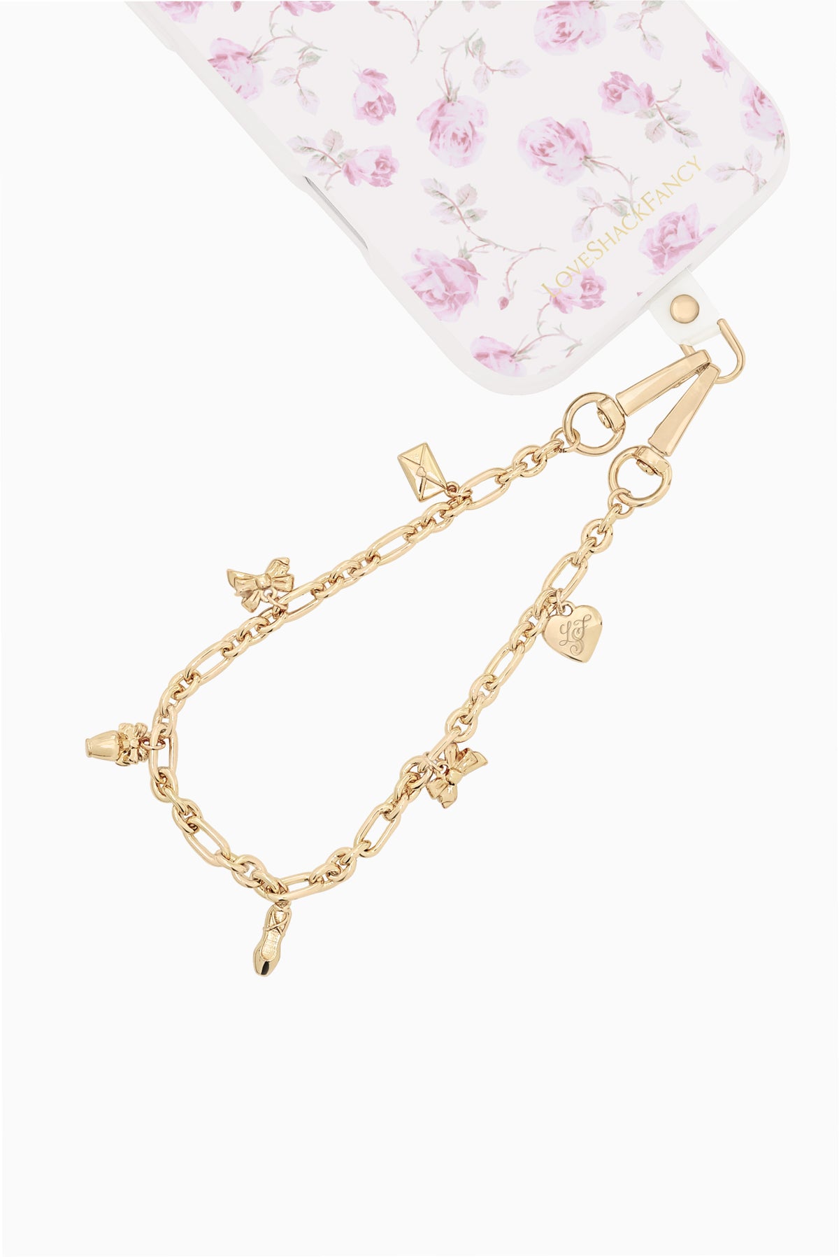 Gold-tone phone card charm chain with anchor, key, and small heart charms
