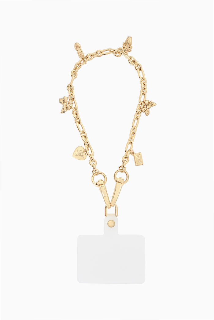Gold phone charm chain with anchor and heart charms, includes clip connector