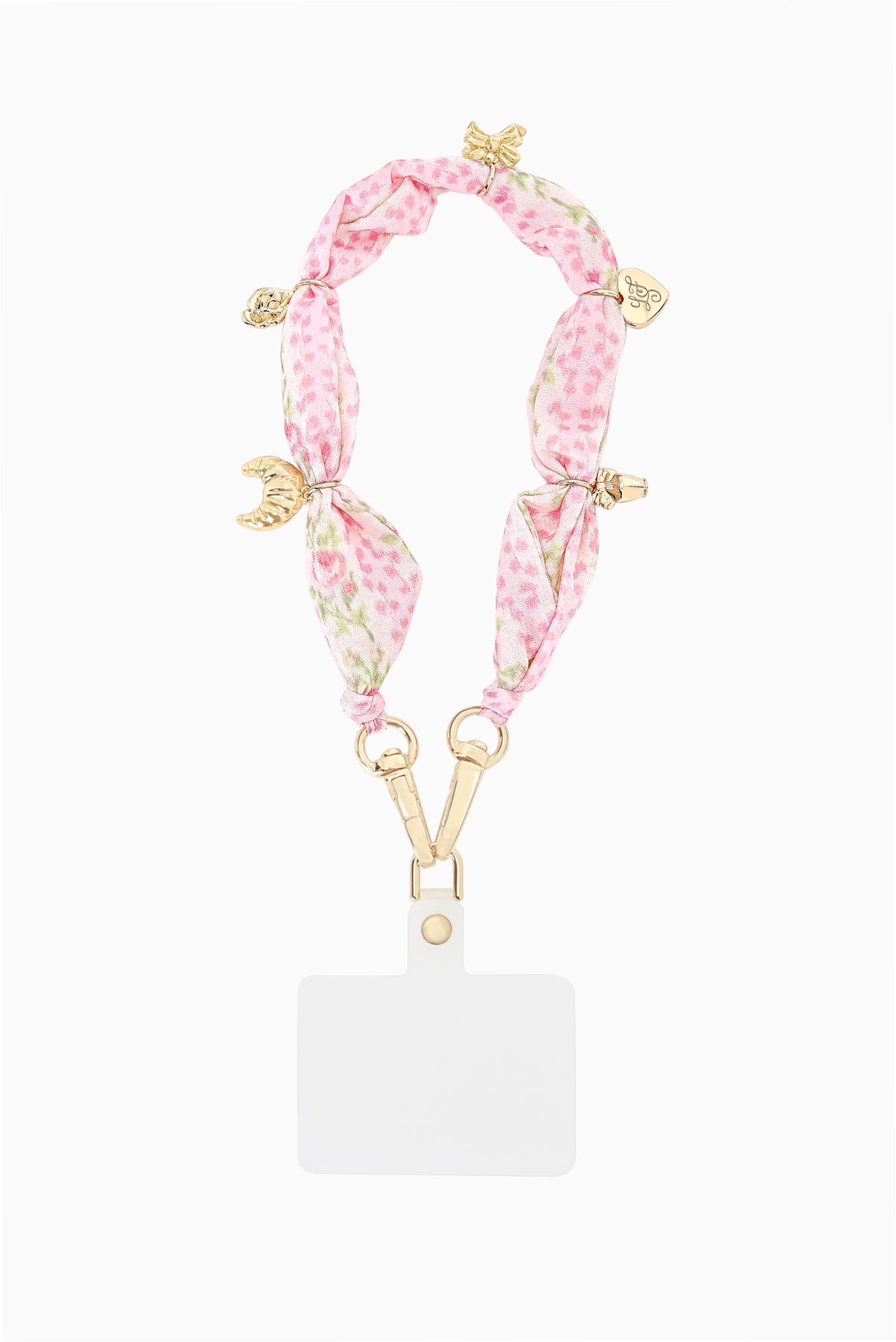 Pink floral fabric phone card charm lanyard with gold anchor, lobster clasp