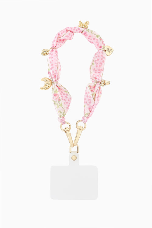 Pink floral fabric phone card charm lanyard with gold anchor, lobster clasp