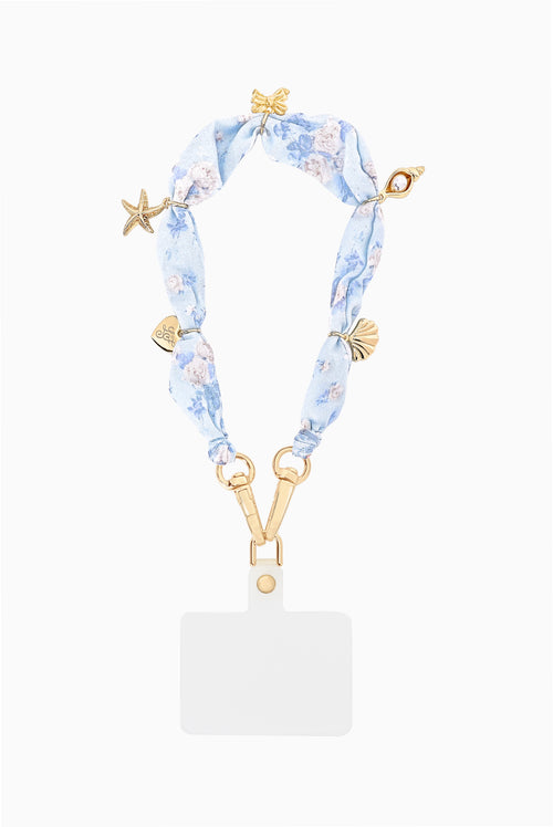 Floral blue phone charm lanyard with clasp, gold links, and starfish details