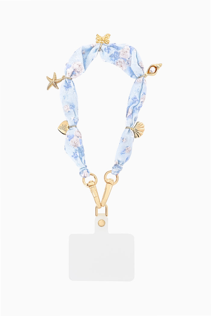 Floral blue phone charm lanyard with clasp, gold links, and starfish details