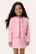 Girls pink tweed jacket with pearl buttons and bow accents, open front
