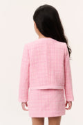 Girls pink tweed jacket back view with button closure and cropped hem
