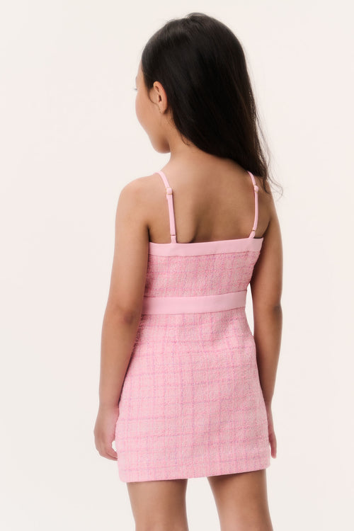 Back view: pink tweed sleeveless dress with spaghetti straps