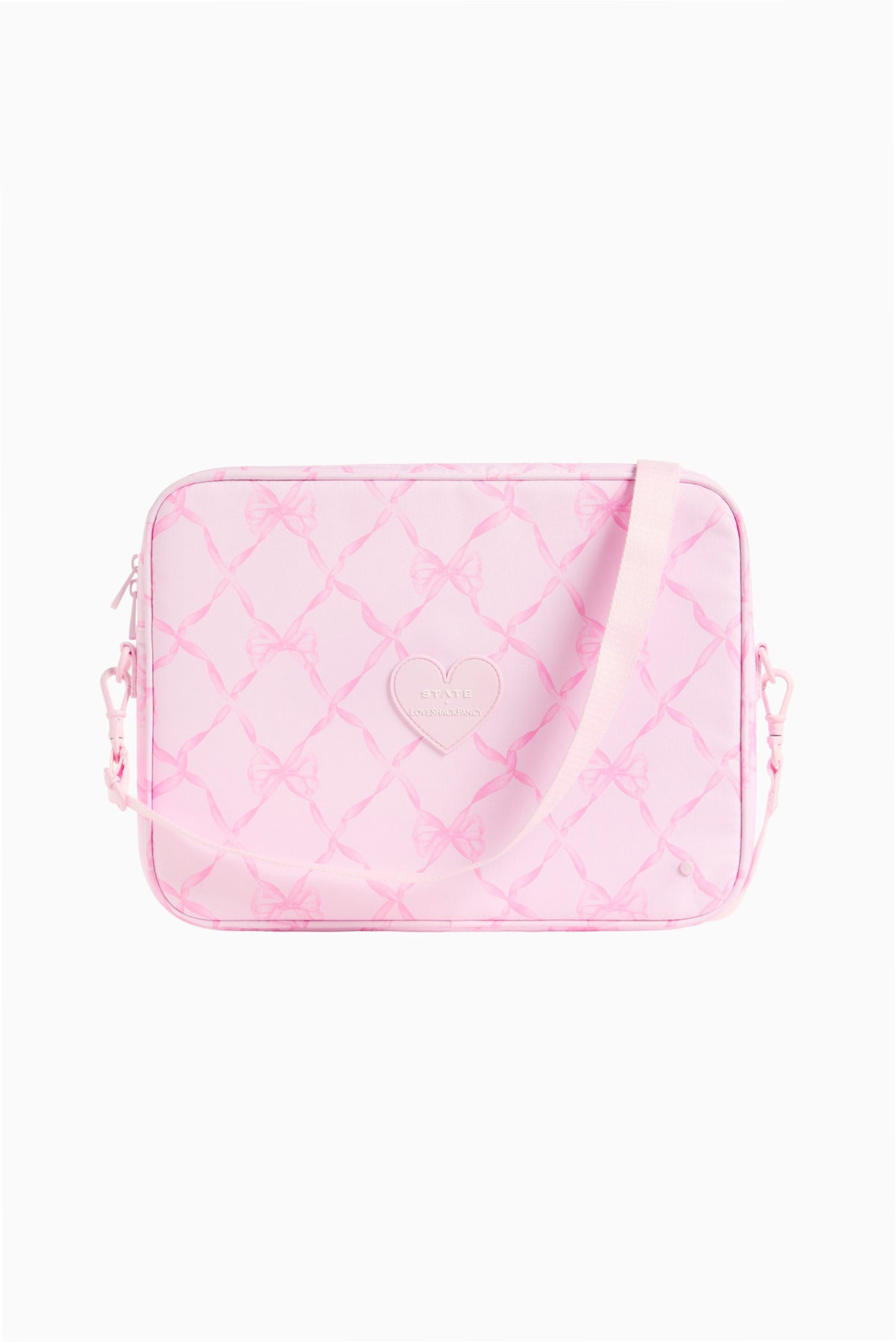 Pink quilted laptop case with heart and lattice pattern